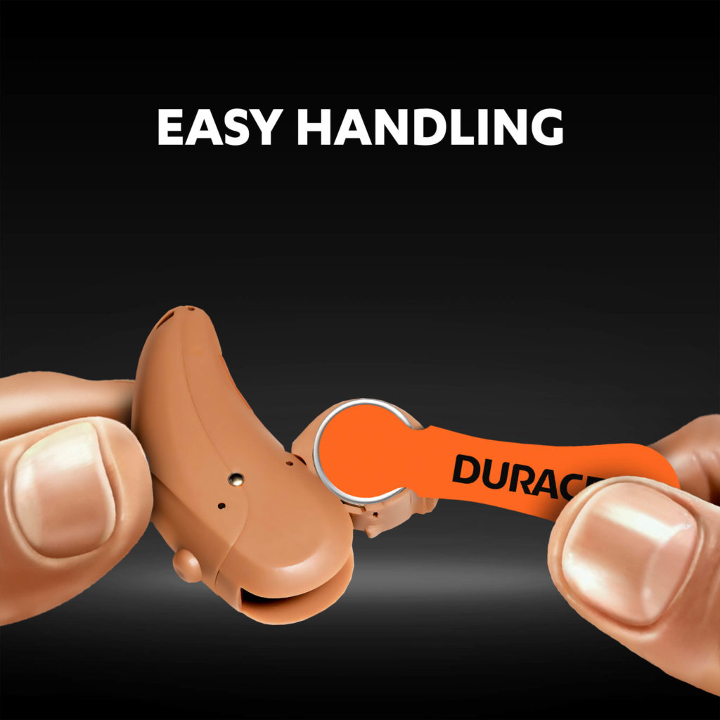 The extra-long EasyTab® makes hearing aid batteries size 13 easy to hold, remove and replace,